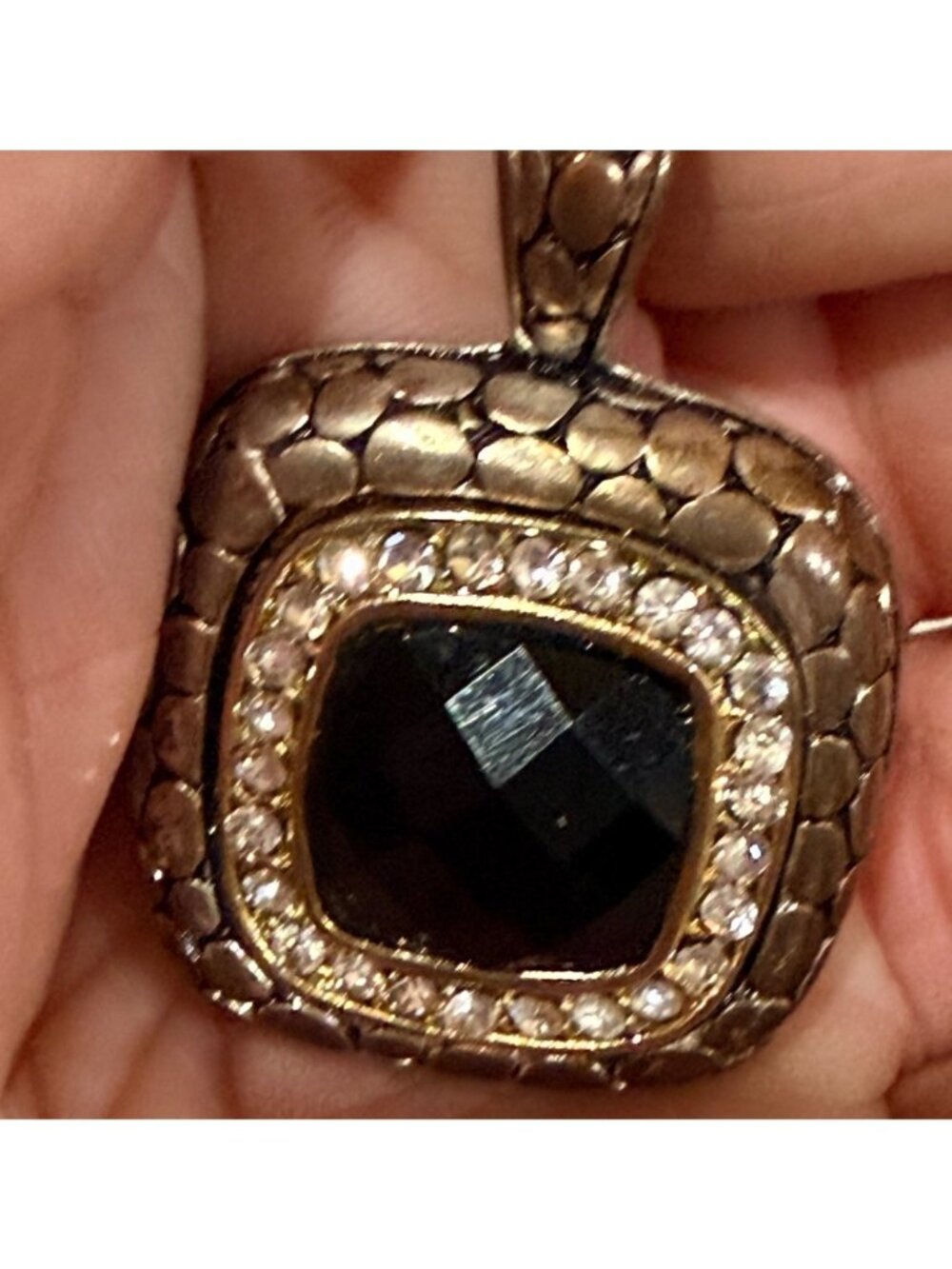 Vintage Black Stone Pendant With Rhinestone Accents & Textured Metal Frame